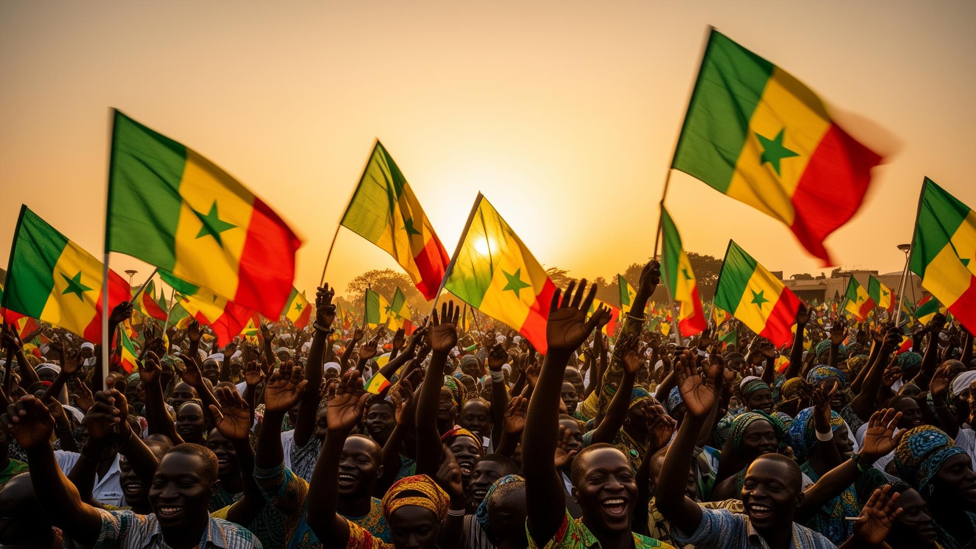 Foule sénégalaise mobilisée avec des drapeaux nationaux